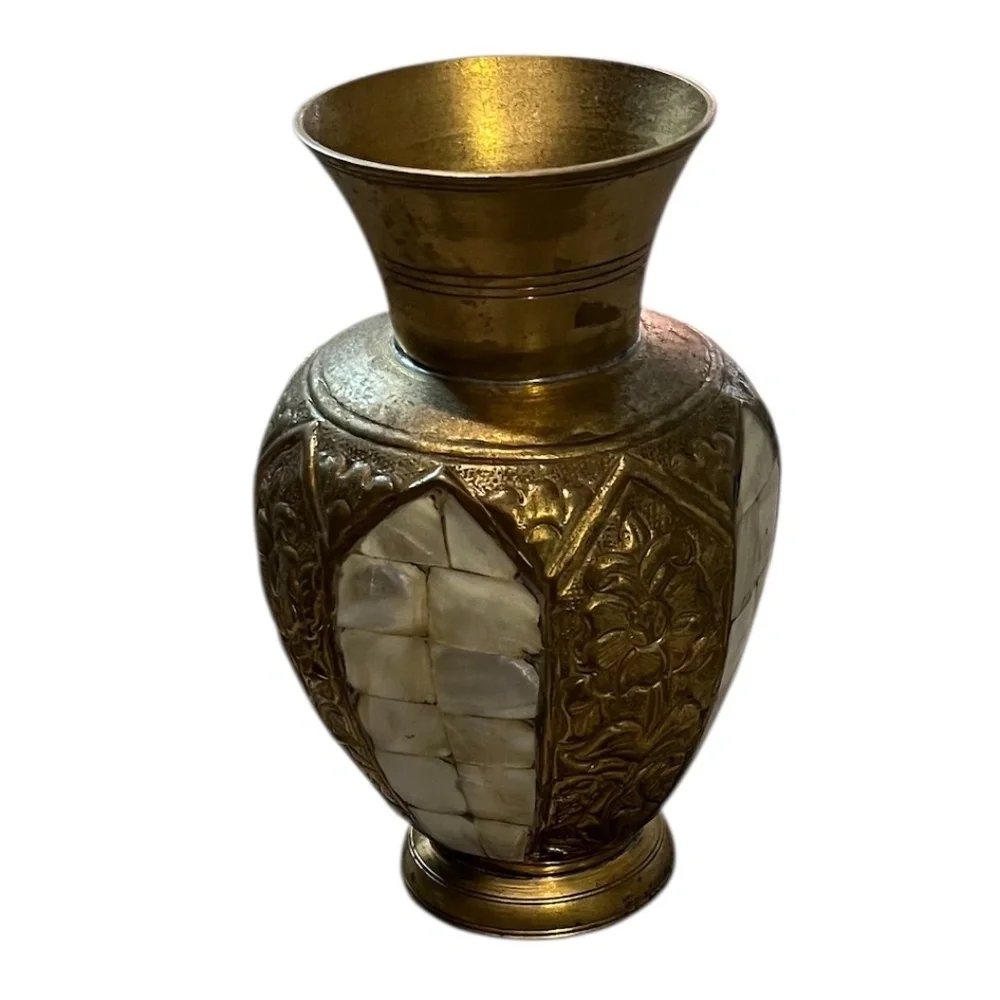 Set‎ Of 2 Vintage MCM Lacquered Brass & Mother of Pearl Inlay Vase Urn & Pitcher